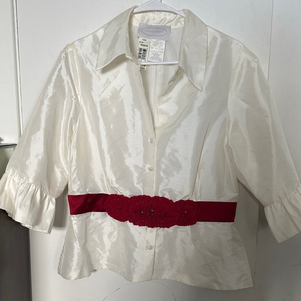 Chico's Cream Blouse with Red Belt